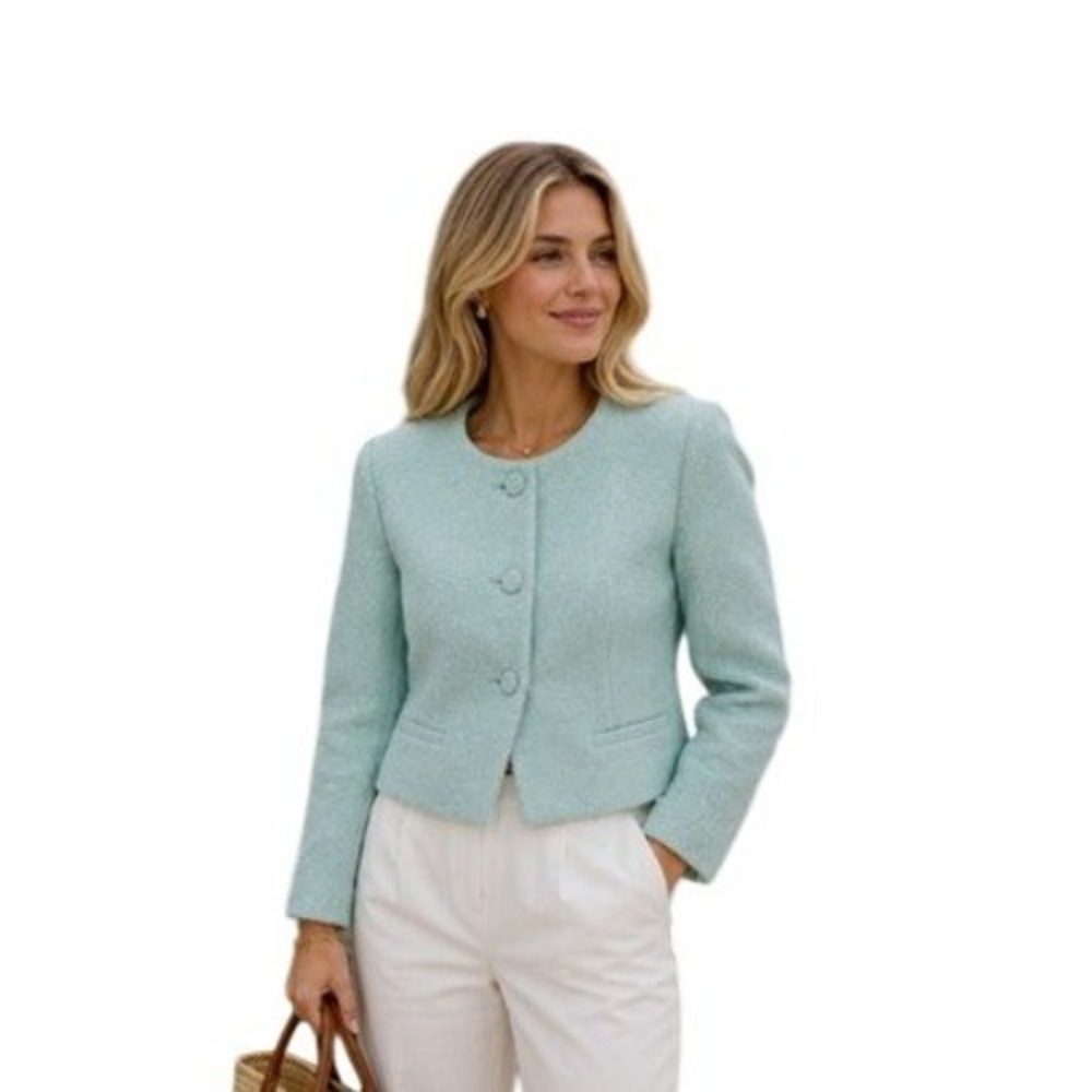 J.Crew Women 18 Cropped Lady Jacket Mint Green Wool Blend Boucle Button NEW